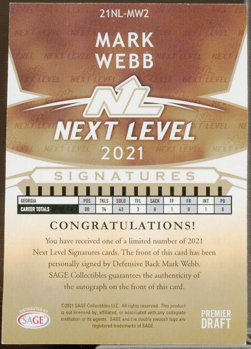 Mark Webb Rookie Card 2021 SAGE HIT Next Level Autographs Silver #21NLMW2  Image 2