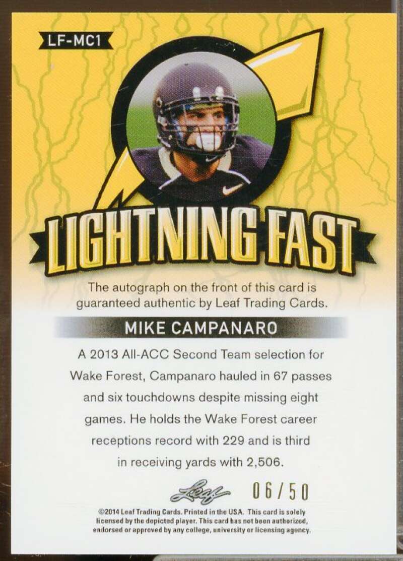 Mike Campanaro/50 Card 2014 Leaf Valiant Draft Lightning Fast Orange #LFMC1  Image 2