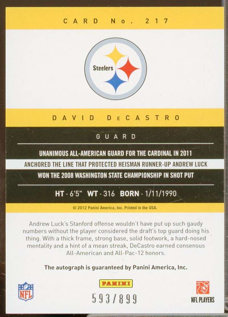 David DeCastro/899 Rookie Card 2012 Prestige Rookie Autographs #217  Image 2