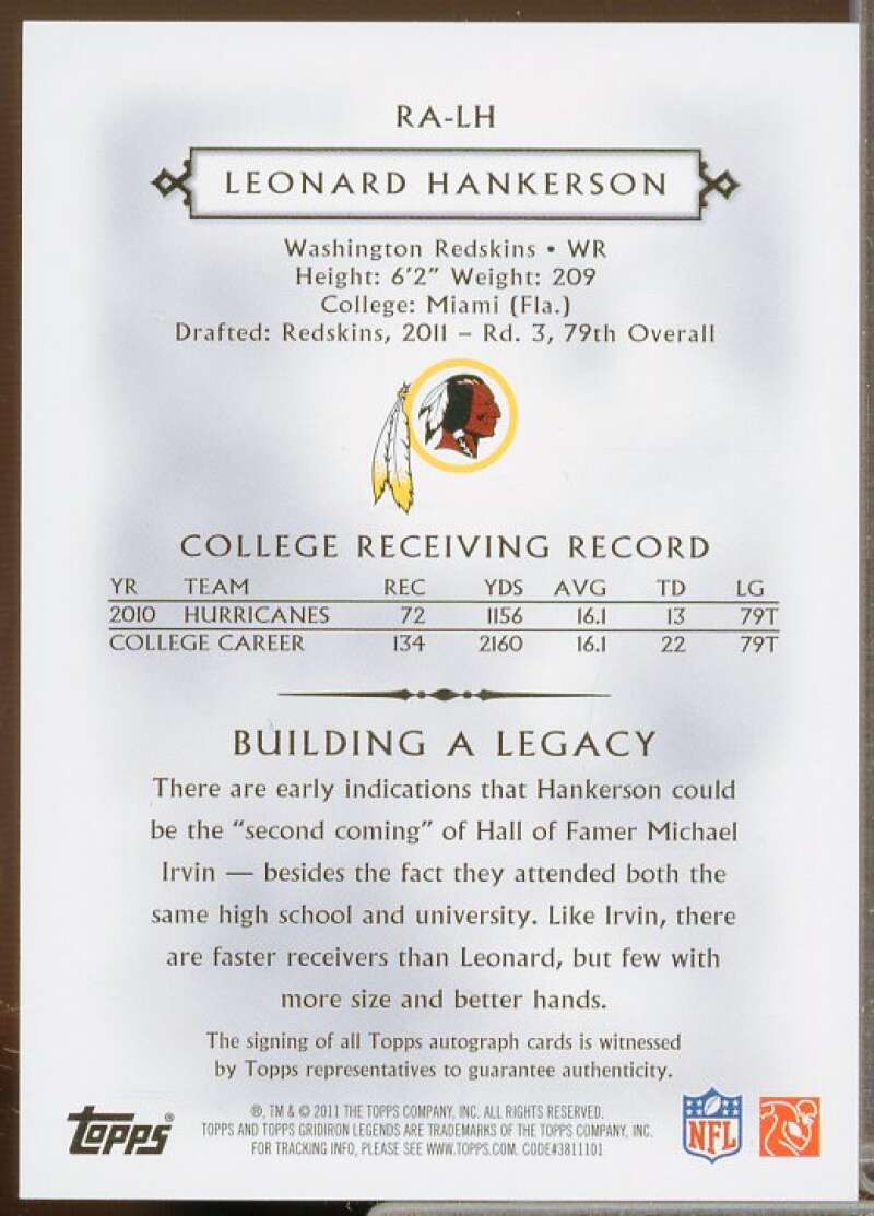 Leonard Hankerson Rookie Card 2011 Topps Legends Rookie Autographs Bronze #RALH  Image 2