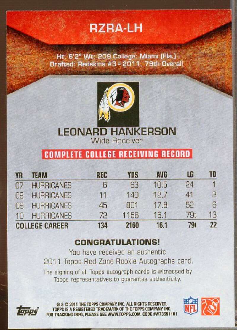 Leonard Hankerson Rookie Card 2011 Topps Rookie Red Zone Autographs #RZRALH  Image 2