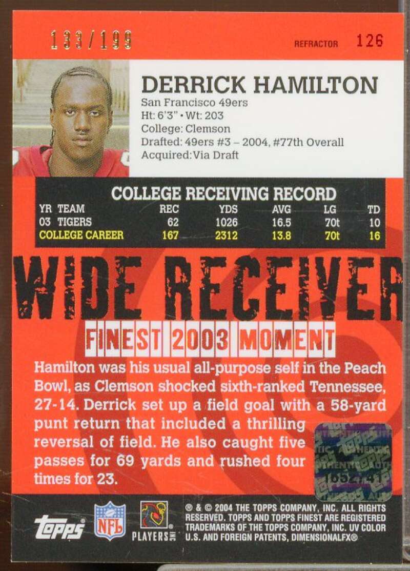 Derrick Hamilton AU Rookie Card 2004 Finest Refractors #126  Image 2