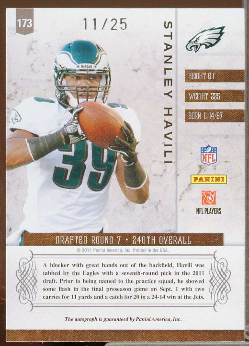 Stanley Havili/25 Rookie 2011 Panini Plates and Patches Signatures Gold #173  Image 2