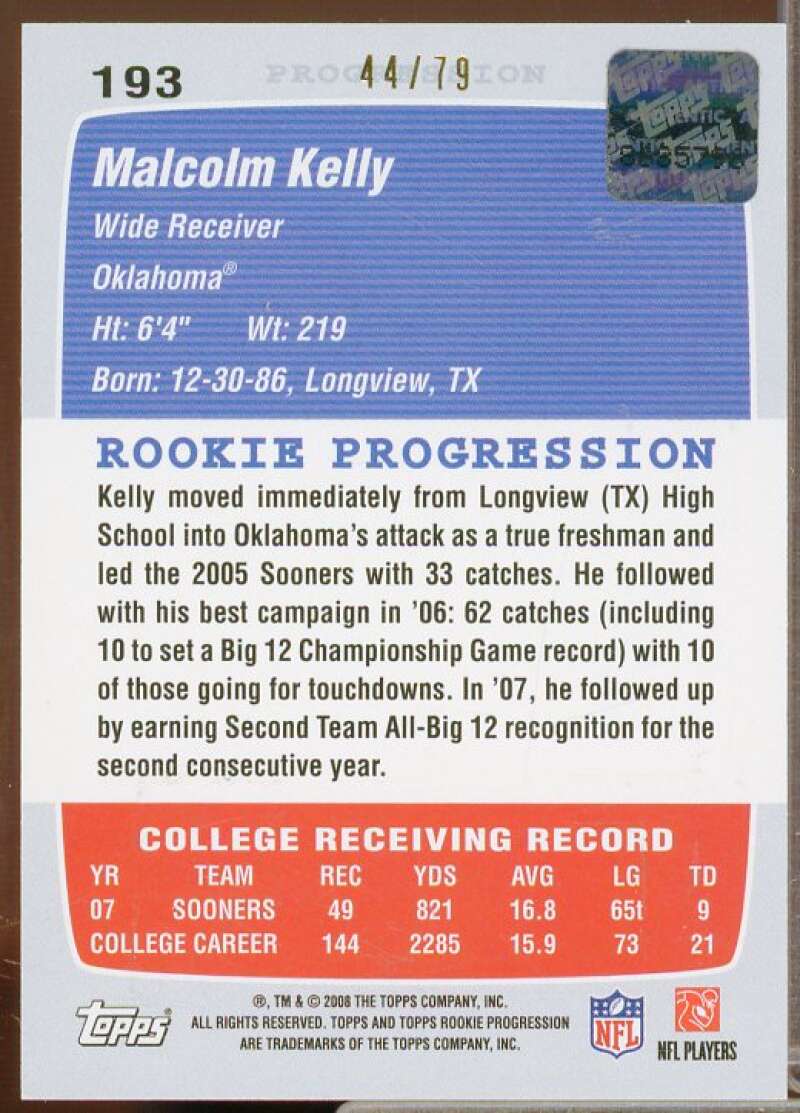 Malcolm Kelly Rookie 2008 Topps Rookie Progression Rookie Autographs Blue #193  Image 2