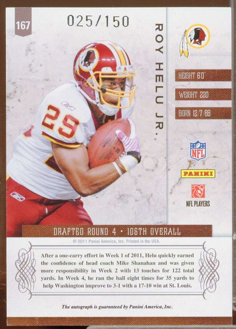 Roy Helu AU/150 Rookie Card 2011 Panini Plates and Patches #167  Image 2