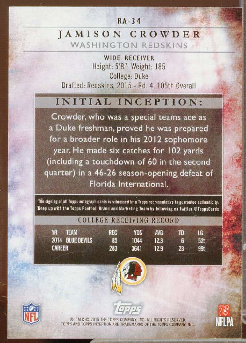 Jamison Crowder AU Rookie Card 2015 Topps Inception #RA34  Image 2