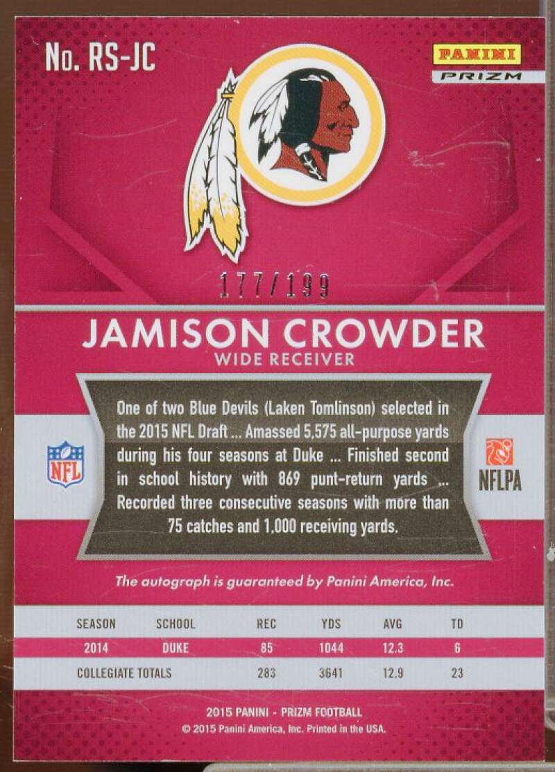 Jamison Crowder Rookie 2015 Panini Prizm Rookie Autographs Prizms Blue #RSJCR  Image 2