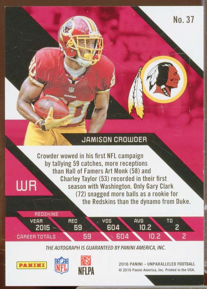 Jamison Crowder/99 Rookie Card 2016 Panini Unparalleled Autographs Blue #37  Image 2