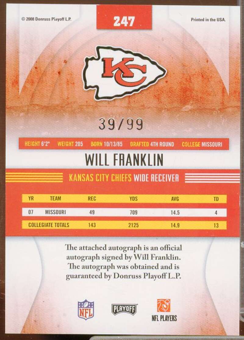 Will Franklin Rookie Card 2008 Absolute Memorabilia #247  Image 2