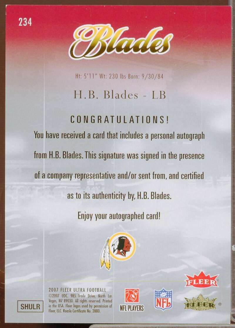 H.B. Blades Rookie Card 2007 Ultra Rookie Autographs #234  Image 2