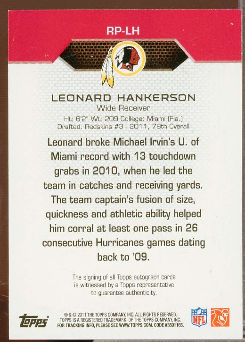 Leonard Hankerson Rookie Card 2011 Topps Rookie Premiere Autographs #RPLH  Image 2