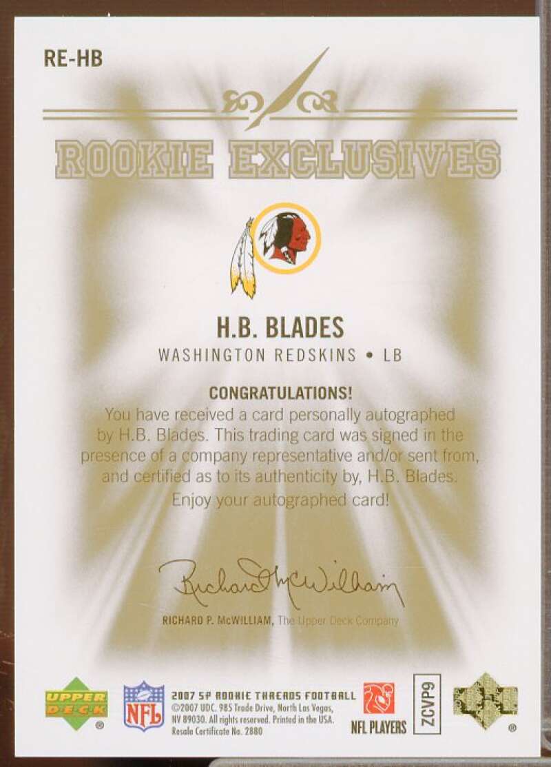 H.B. Blades/89 Rookie 2007 SP Rookie Threads Rookie Exclusive Autographs #REHB  Image 2