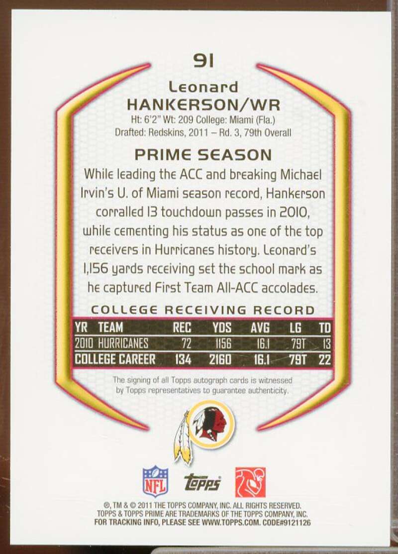 Leonard Hankerson/270 Rookie Card 2011 Topps Prime Rookie Autographs #91  Image 2