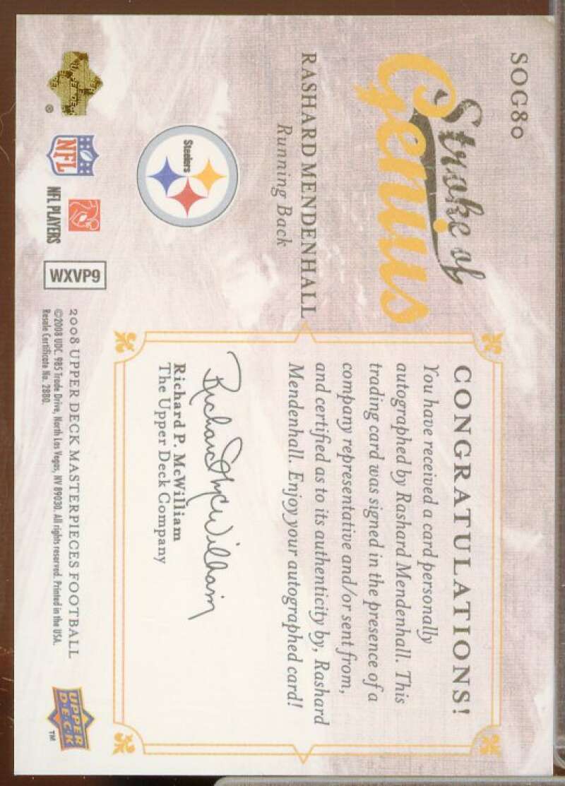 Rashard Mendenhall Card 2008 UD Masterpieces Stroke Of Genius Autographs #SOG80  Image 2