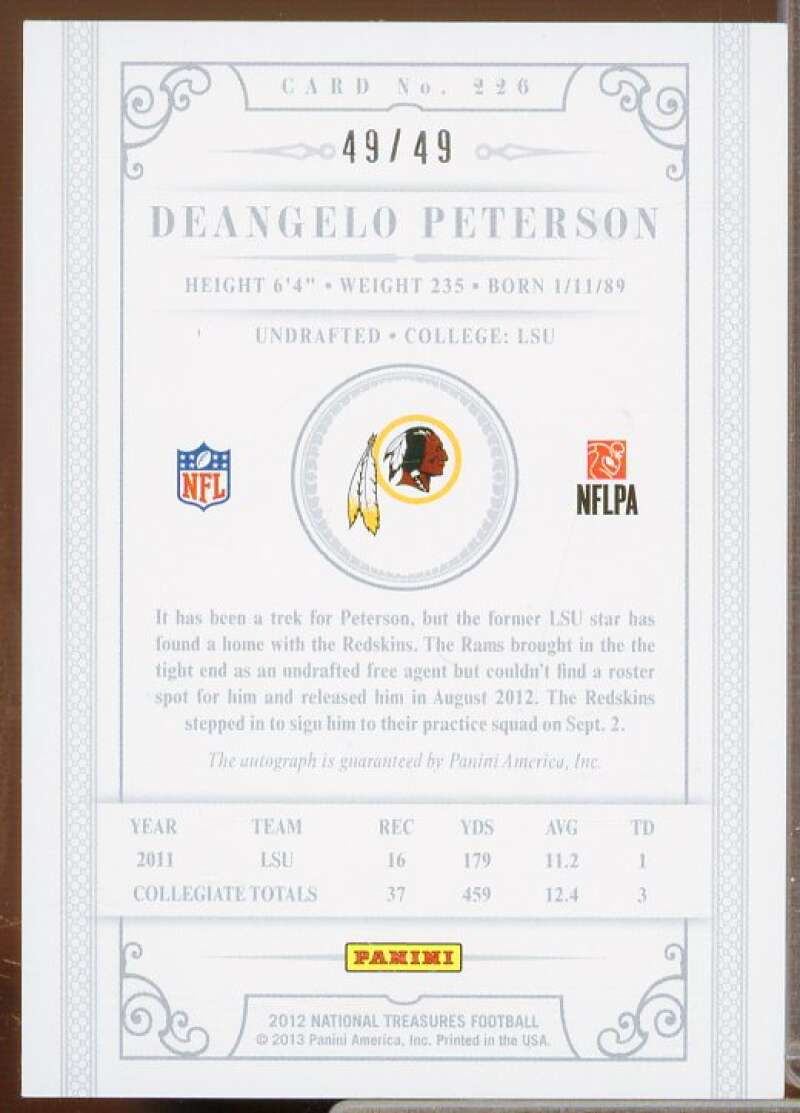 Deangelo Peterson/49 2012 Panini National Treasures Century Gold Signature #226  Image 2