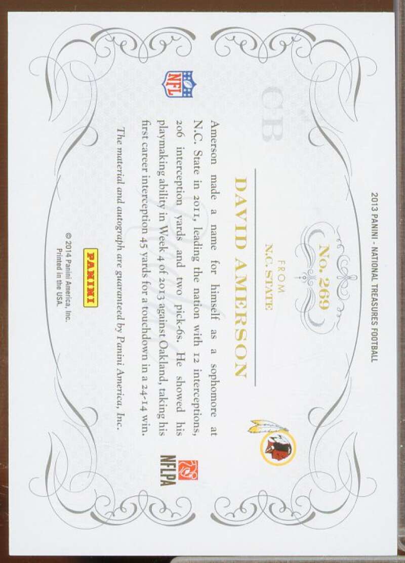 David Amerson AU Rookie Card 2013 Panini National Treasures #269  Image 2