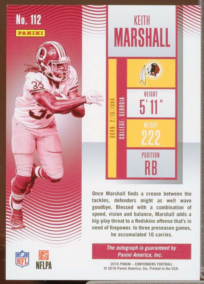 Keith Marshall AU/99 Rookie Card 2016 Panini Contenders Playoff Ticket #112  Image 2