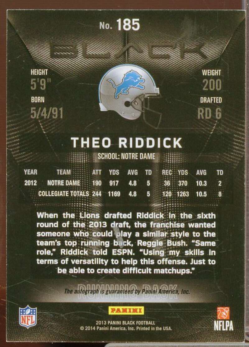 Theo Riddick/99 Rookie Card 2013 Panini Black Rookie Signatures #185  Image 2