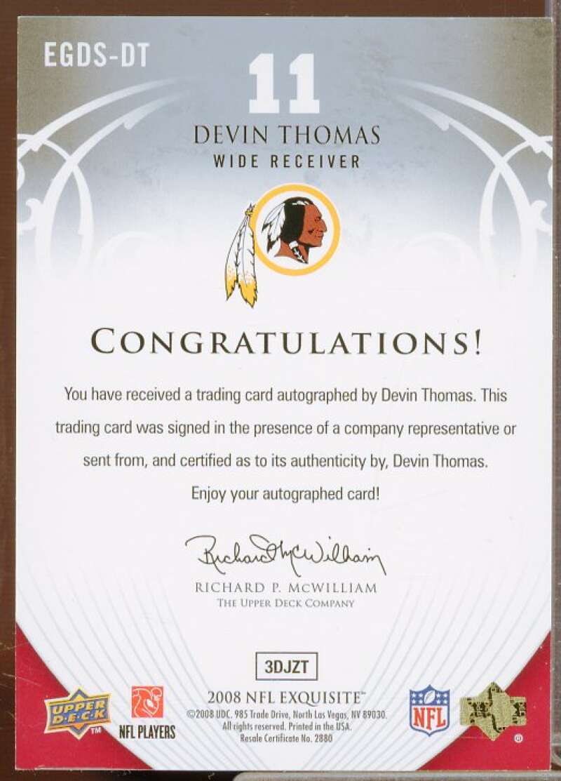 Devin Thomas/60 Rookie Card 2008 Exquisite Collection Debut Signatures #EGDSDT  Image 2