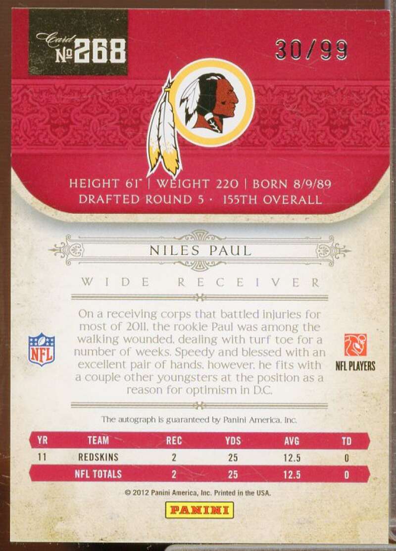 Niles Paul AU Rookie Card 2011 Playoff National Treasures #268  Image 2