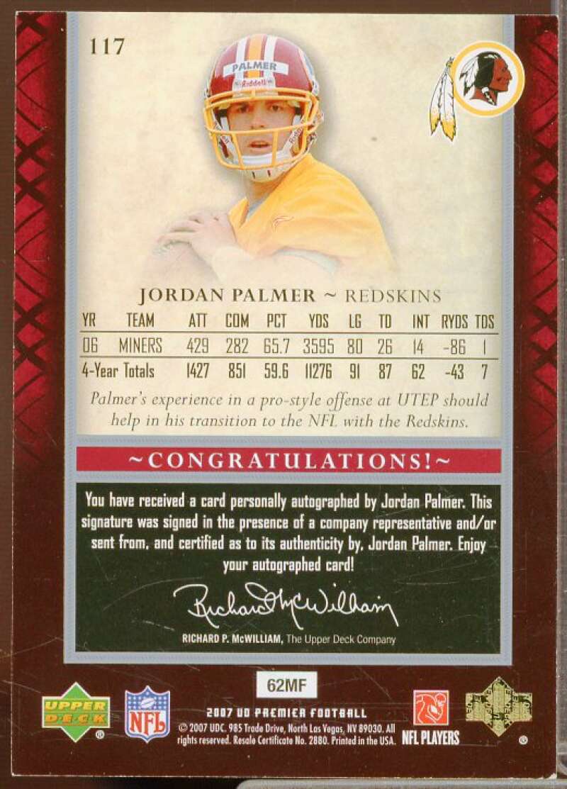 Jordan Palmer AU Rookie Card 2007 Upper Deck Premier #117  Image 2