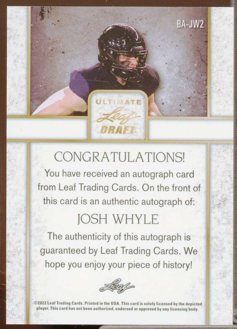 Josh Whyle Rookie Card 2022 Leaf Ultimate Draft Platinum #BAJW2  Image 2