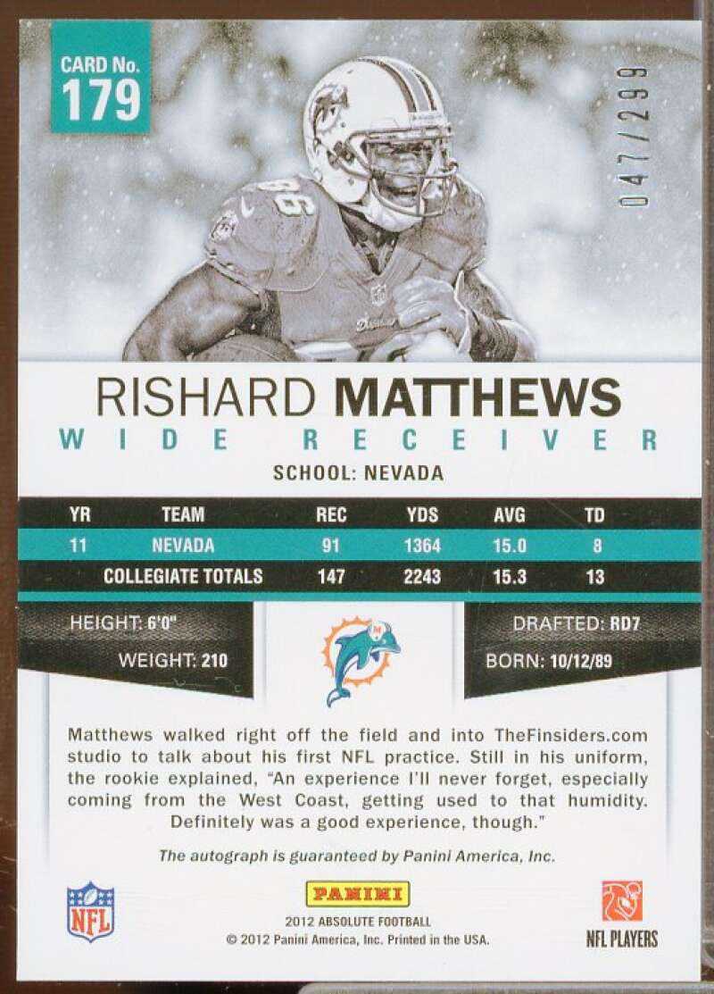 Rishard Matthews/299 Rookie Card 2012 Absolute Spectrum Gold Autographs #179  Image 2