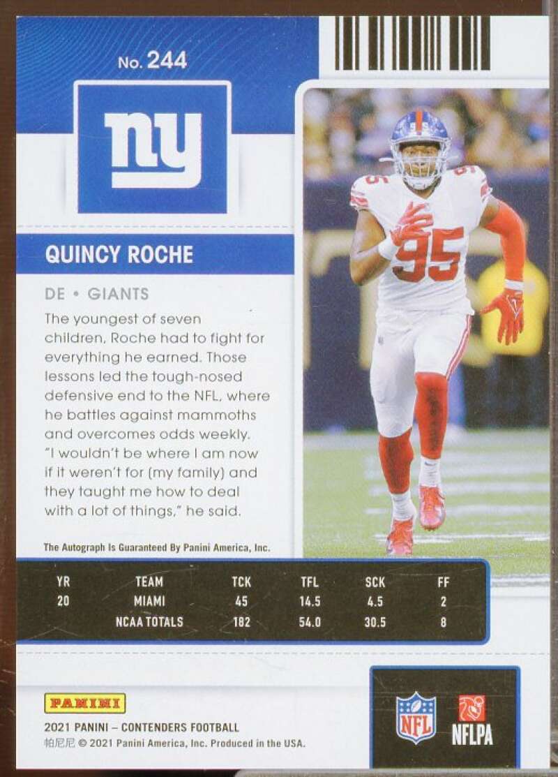 Quincy Roche AU Rookie Card 2021 Panini Contenders Wild Card #244  Image 2