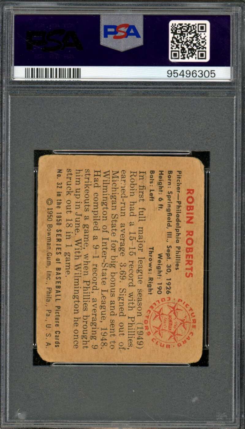 Robin Roberts Card 1950 Bowman #32 PSA 1 Image 2