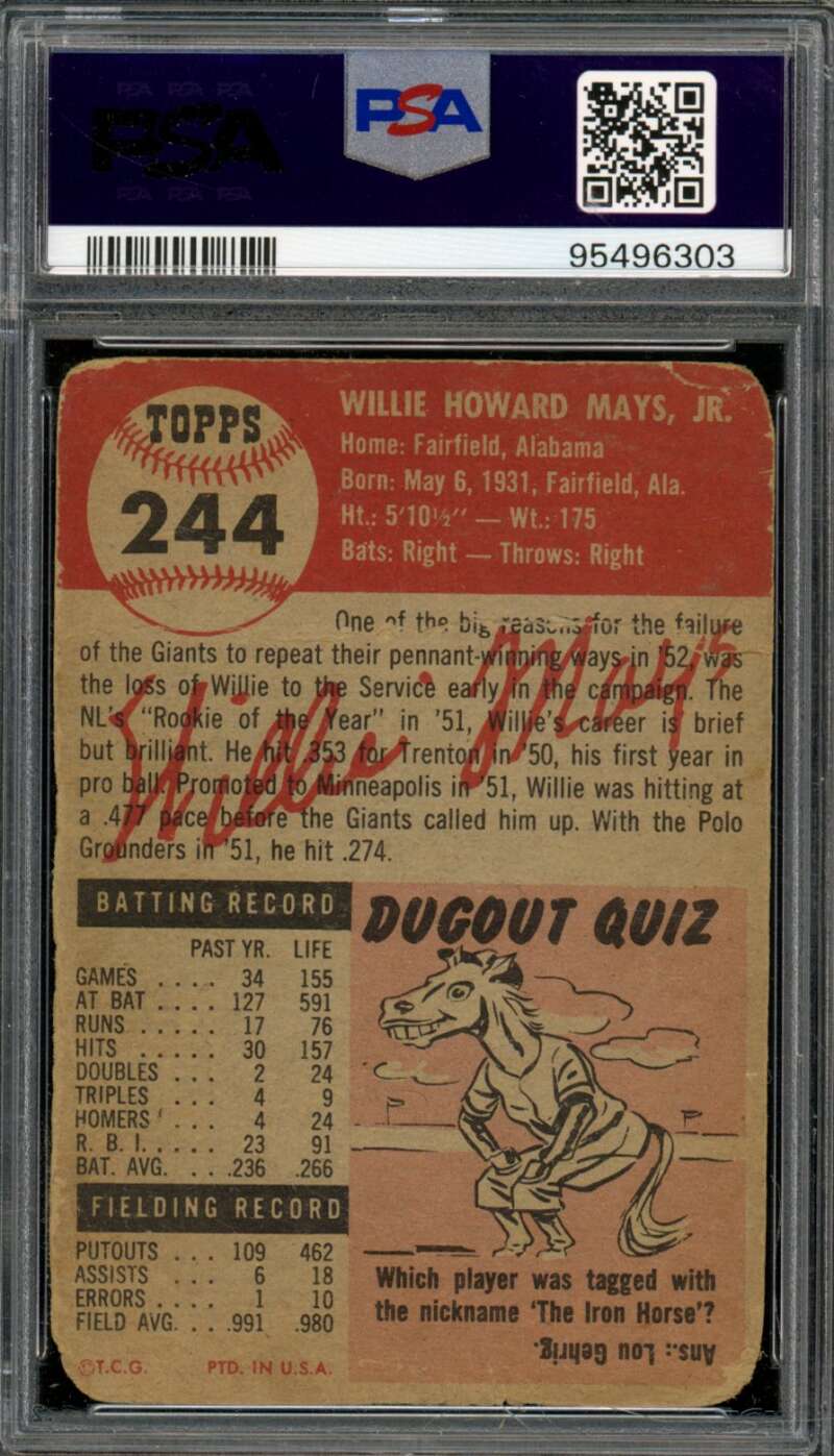 Willie Mays Card 1953 Topps #244 PSA 1 Image 2