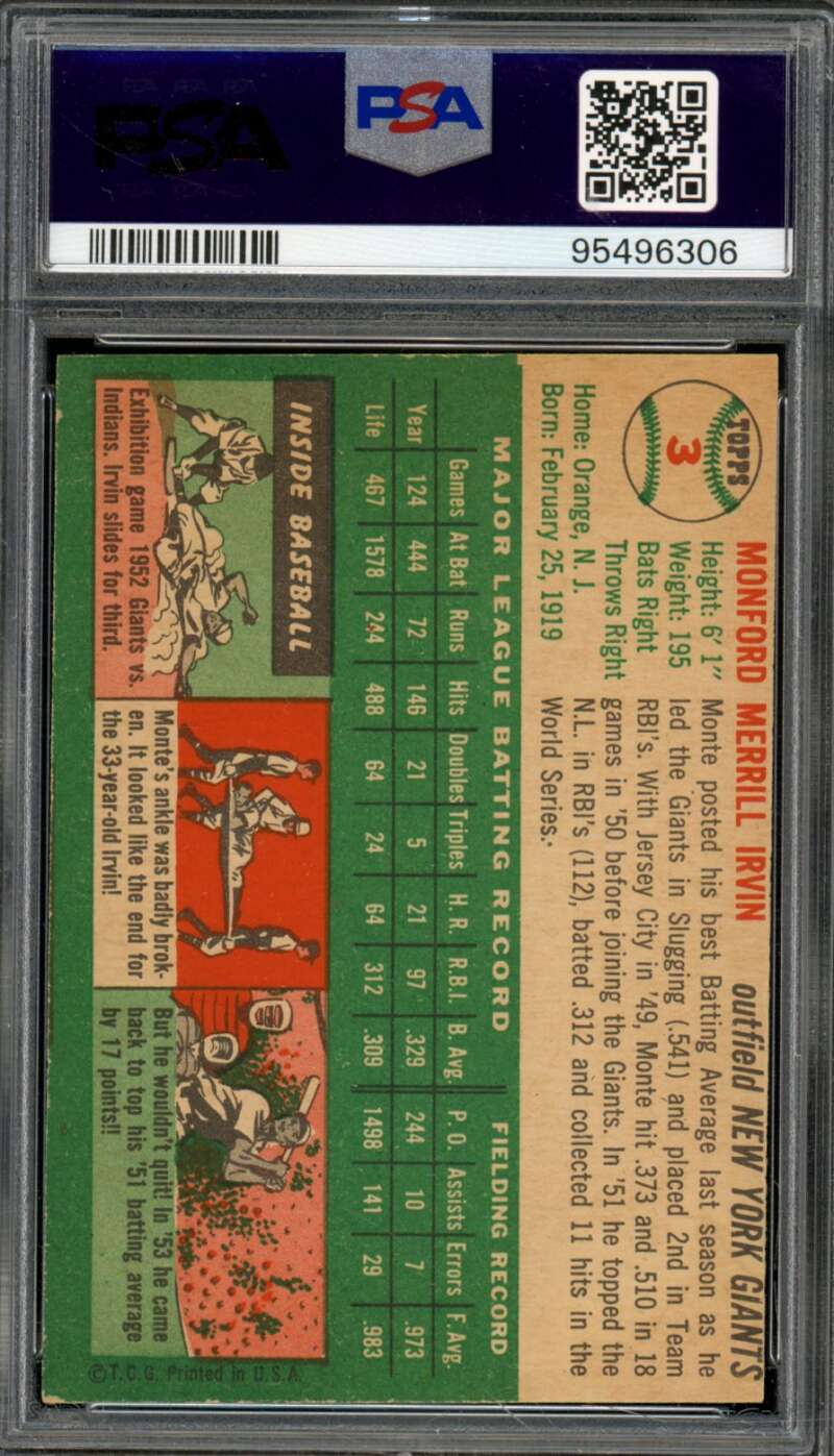 Monte Irvin Card 1954 Topps #3 PSA 4 Image 2