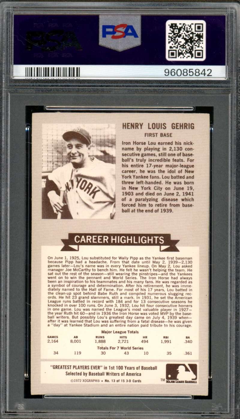 Lou Gehrig Card 1972 Kellogg's #13 PSA 9 Image 2