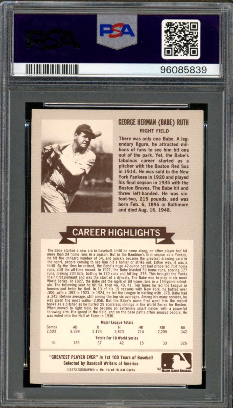 Babe Ruth Card 1972 Kellogg's #14 PSA 8 Image 2