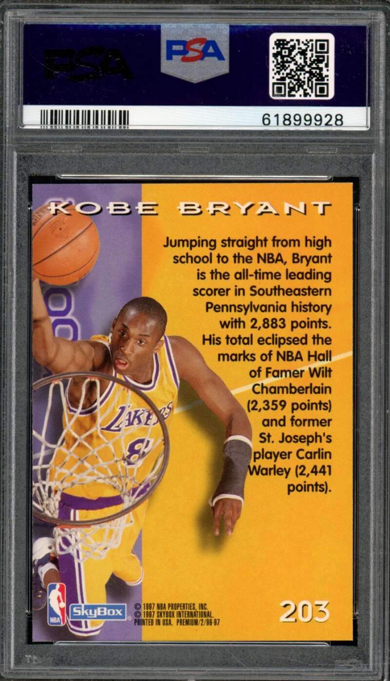 Kobe Bryant Rookie Card 1996-97 SkyBox Premium #203 PSA 9 Image 2