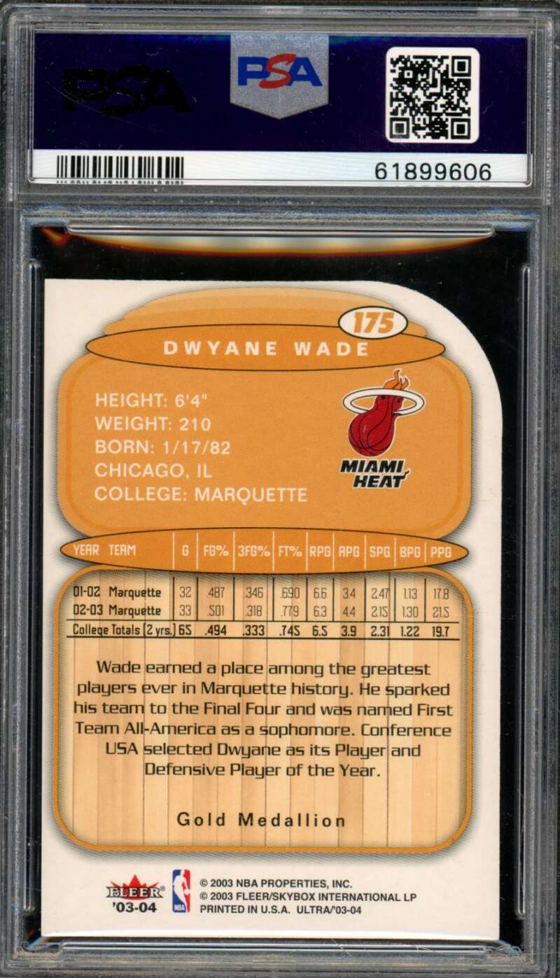 Dwyane Wade Rookie Card 2003-04 Ultra Gold Medallion #175 PSA 9 Image 2