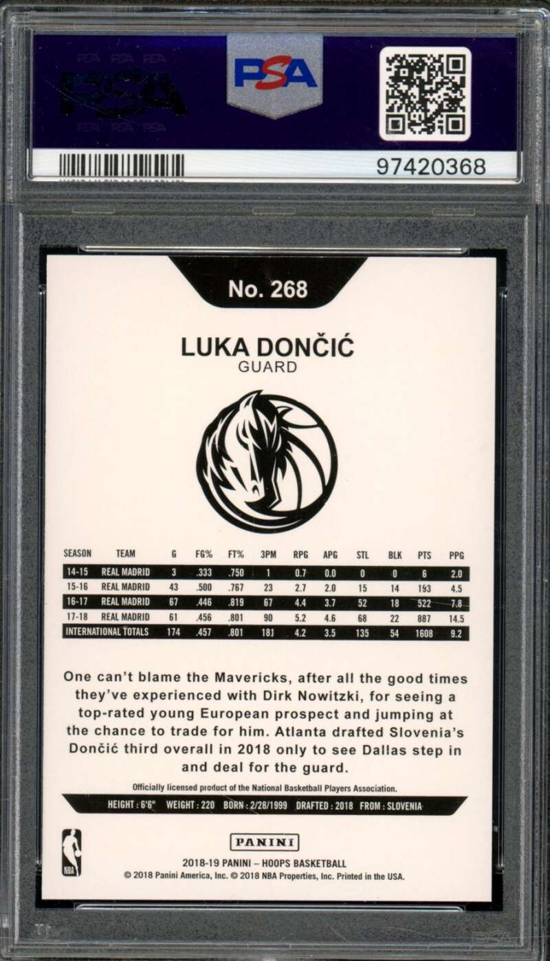 Luka Doncic Rookie Card 2018-19 Panini Hoops Blue (pop 15) #268 PSA 10 Image 2