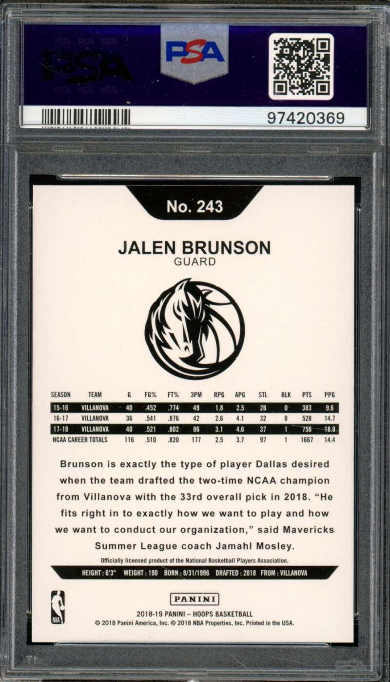 Jalen Brunson Rookie Card 2018-19 Panini Hoops Orange (pop 1) #243 PSA 10 Image 2