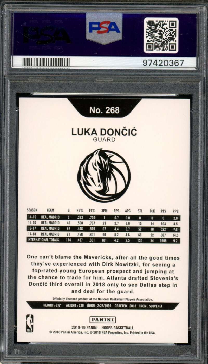 Luka Doncic Rookie Card 2018-19 Panini Hoops Purple #268 PSA 9 Image 2