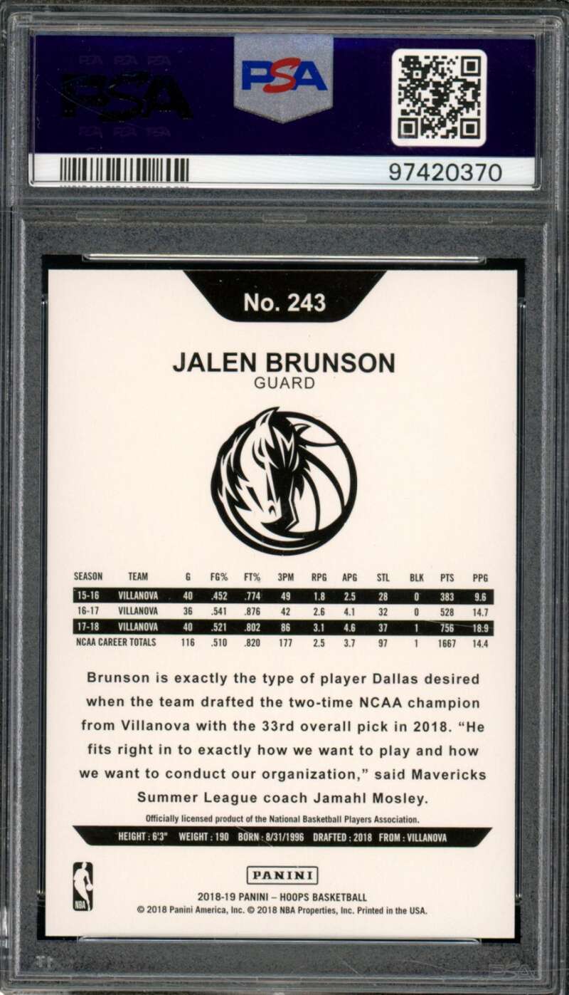 Jalen Brunson Rookie Card 2018-19 Panini Hoops Teal (#d 43/49) #243 PSA 8 Image 2