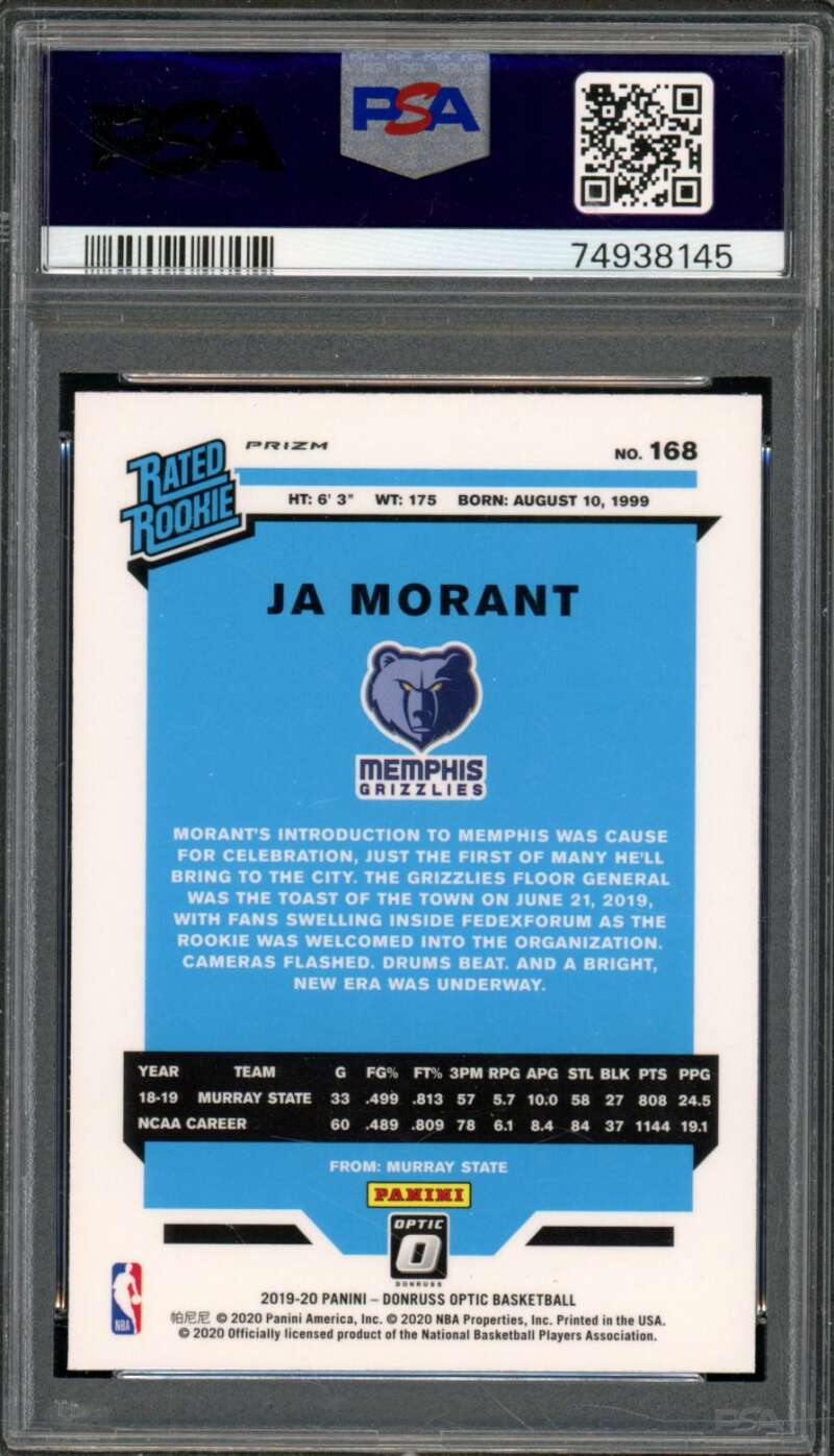 Ja Morant Rookie Card 2019-20 Panini Donruss Optic Blue Velocity #168 PSA 9 Image 2