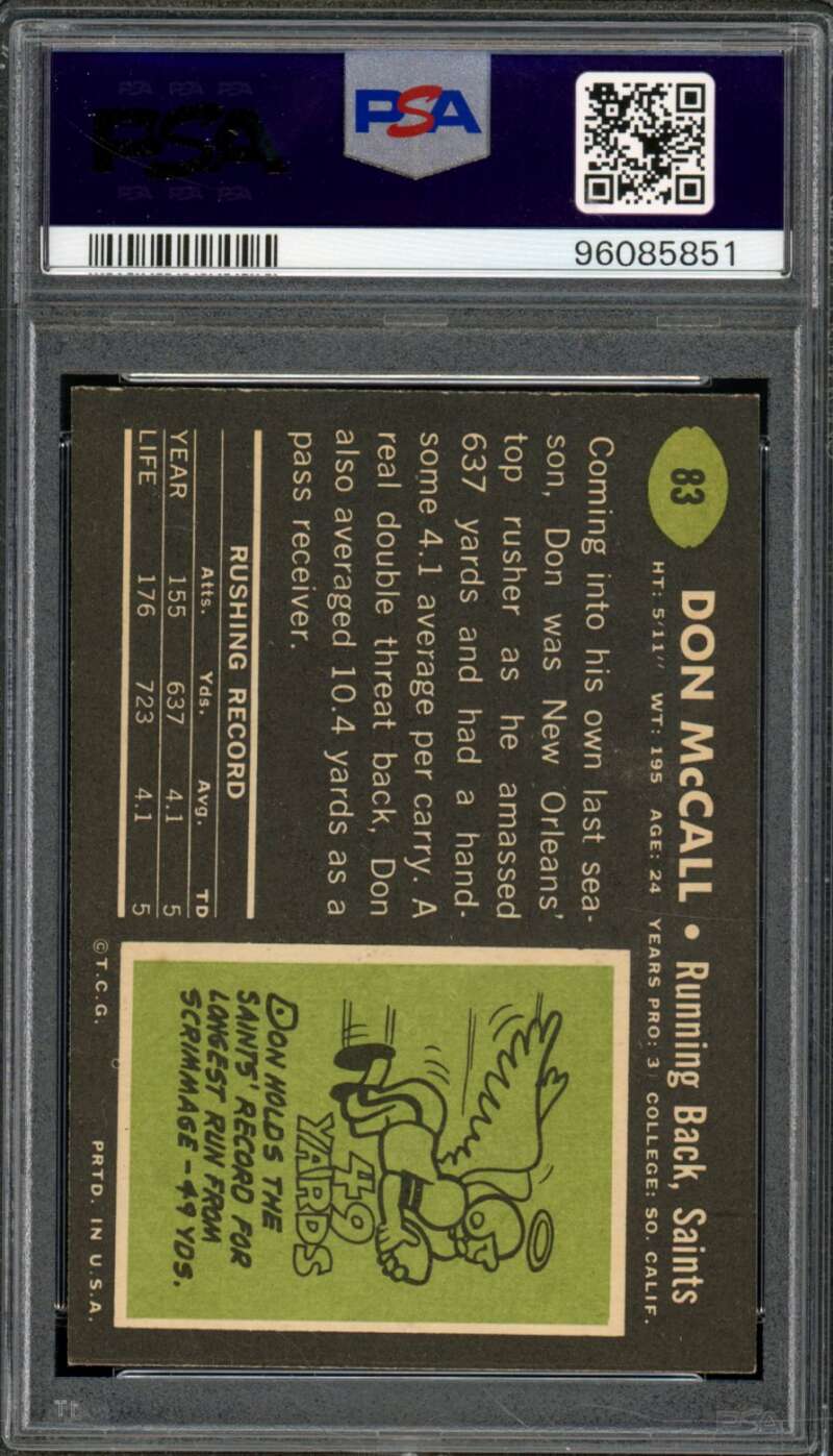 Don McCall Rookie Card 1969 Topps #83 PSA 7 Image 2