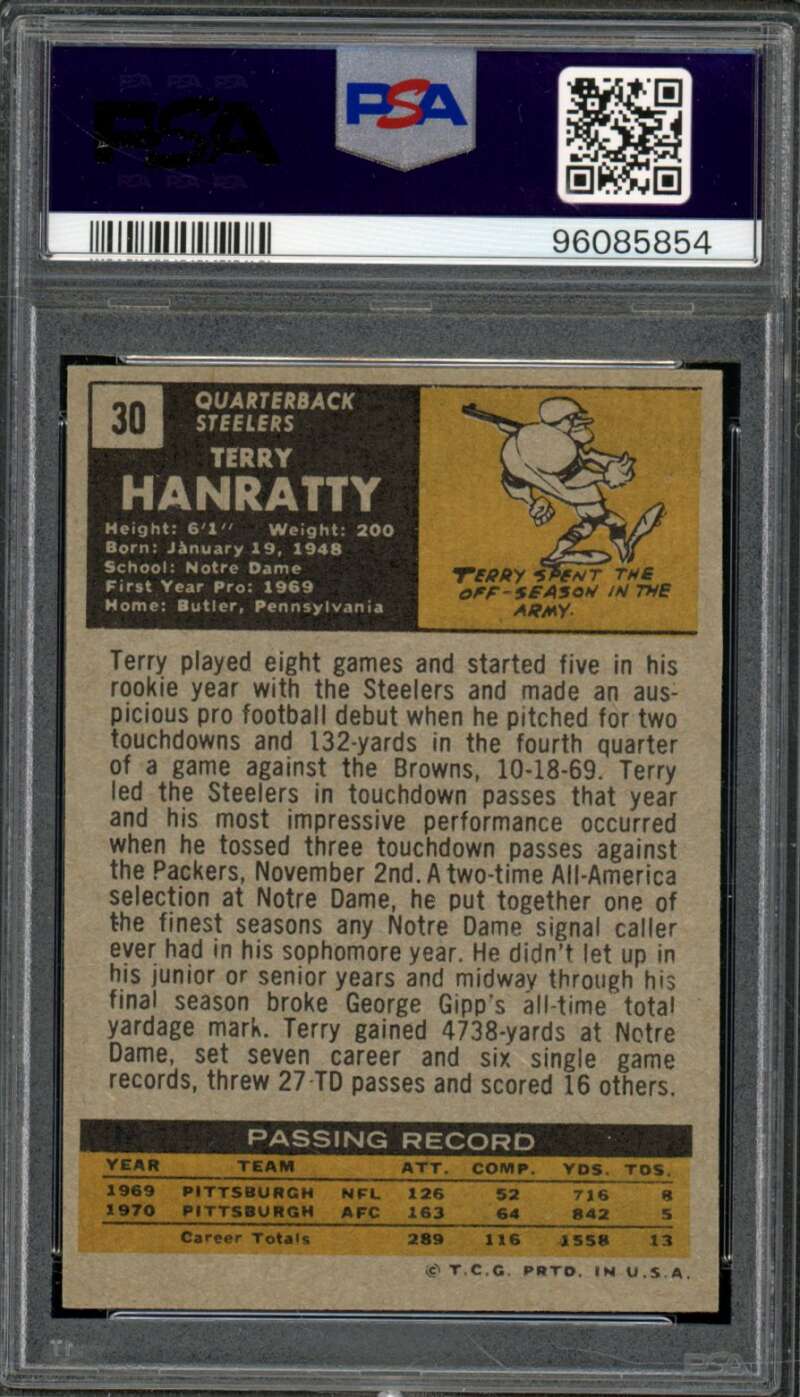 Terry Hanratty Card 1971 Topps #30 PSA 7 Image 2