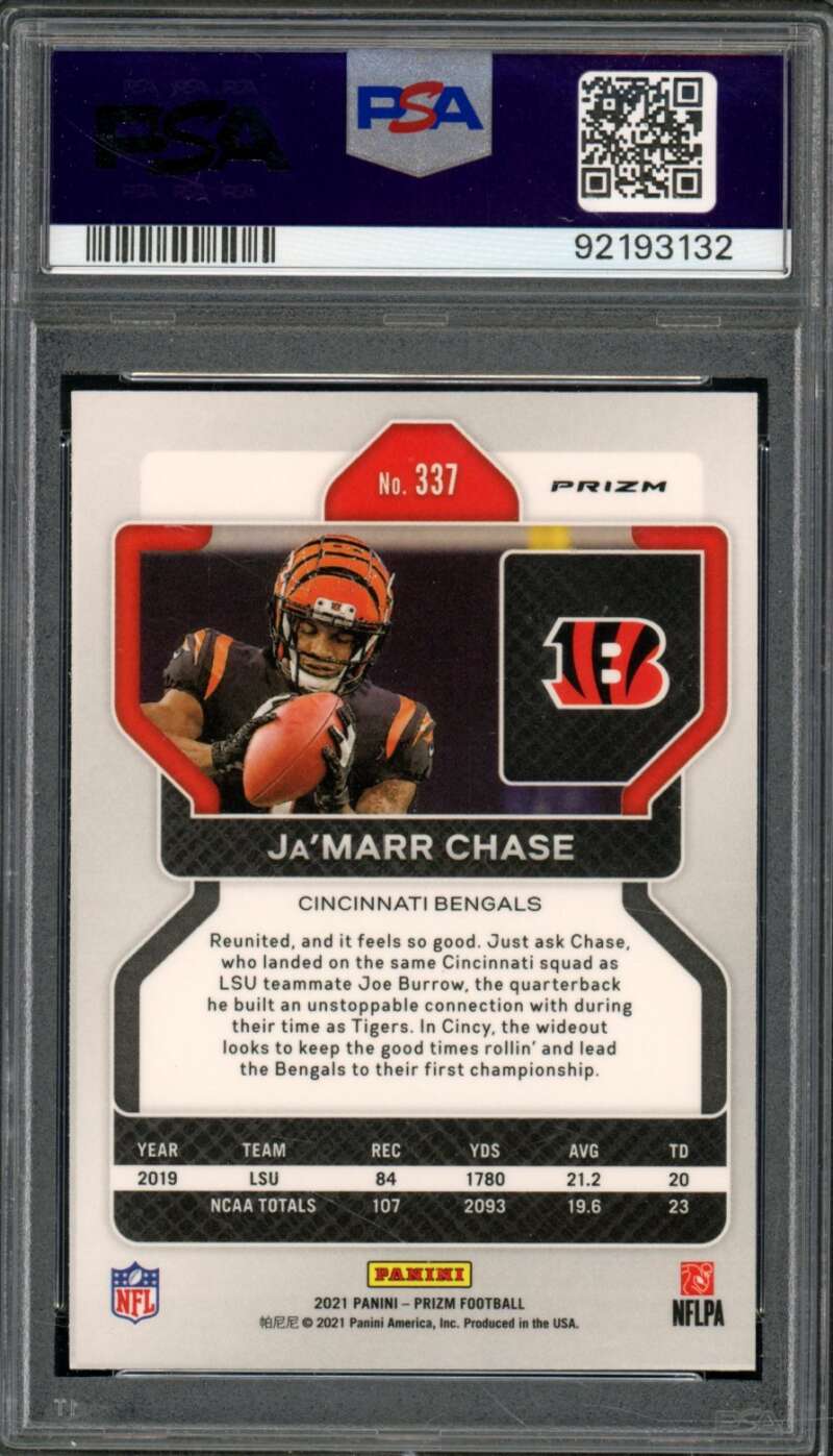 Ja'Marr Chase Rookie Card 2021 Panini Prizm #337 PSA 10 Image 2