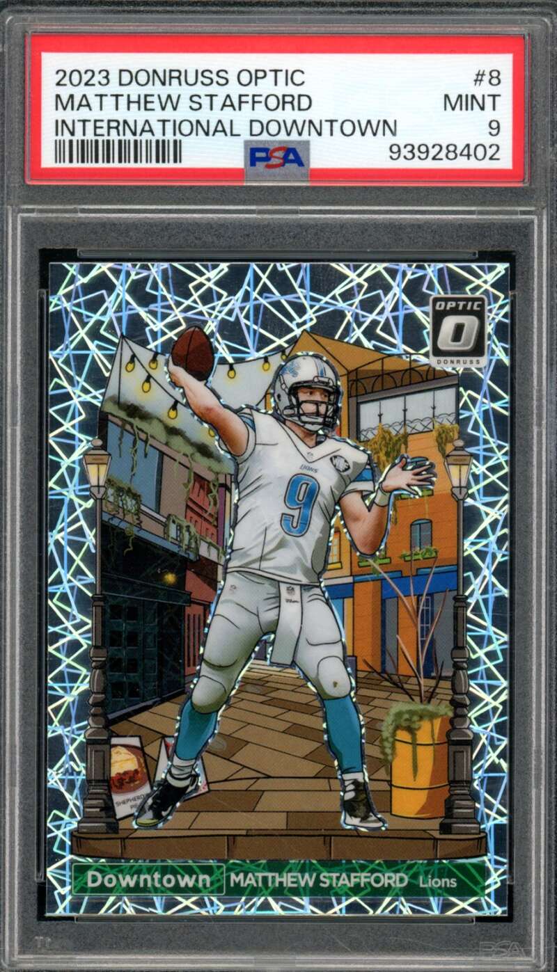 Matthew Stafford Card 2023 Donruss Optic International Downtown #8 PSA 9 Image 1