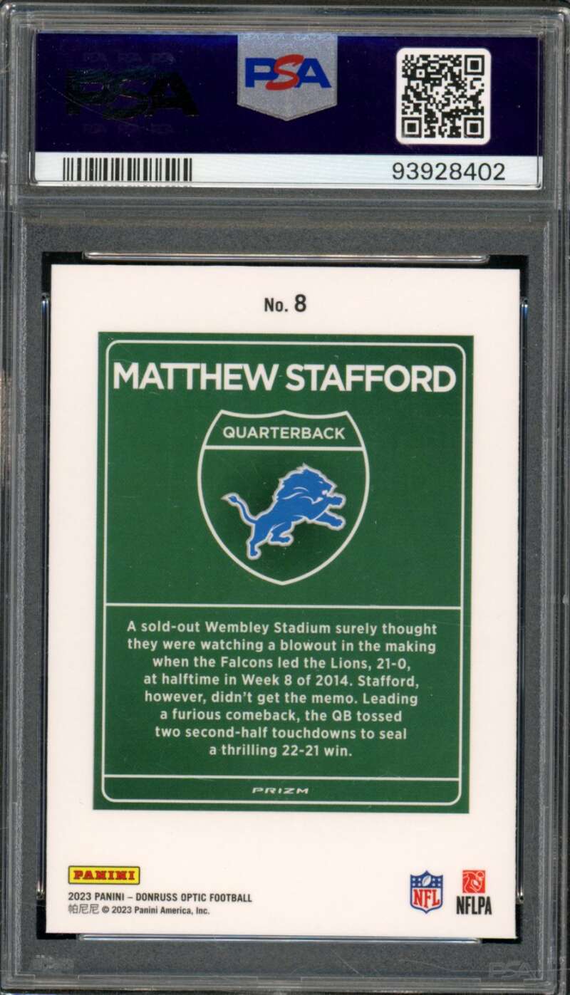 Matthew Stafford Card 2023 Donruss Optic International Downtown #8 PSA 9 Image 2