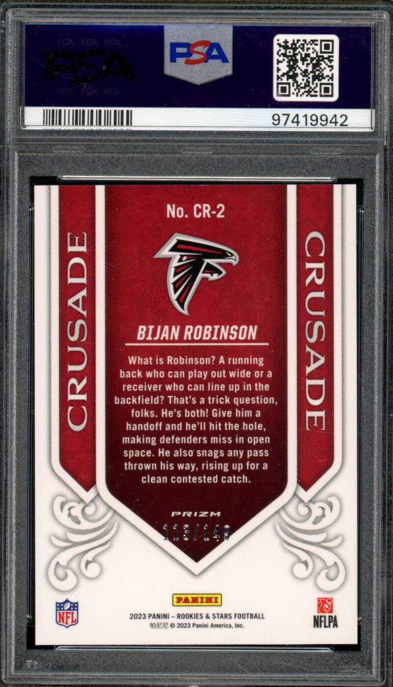 Bijan Robinson Rookie Card 2023 Rookies Stars Crusade White #Cr2 PSA 10 Image 2