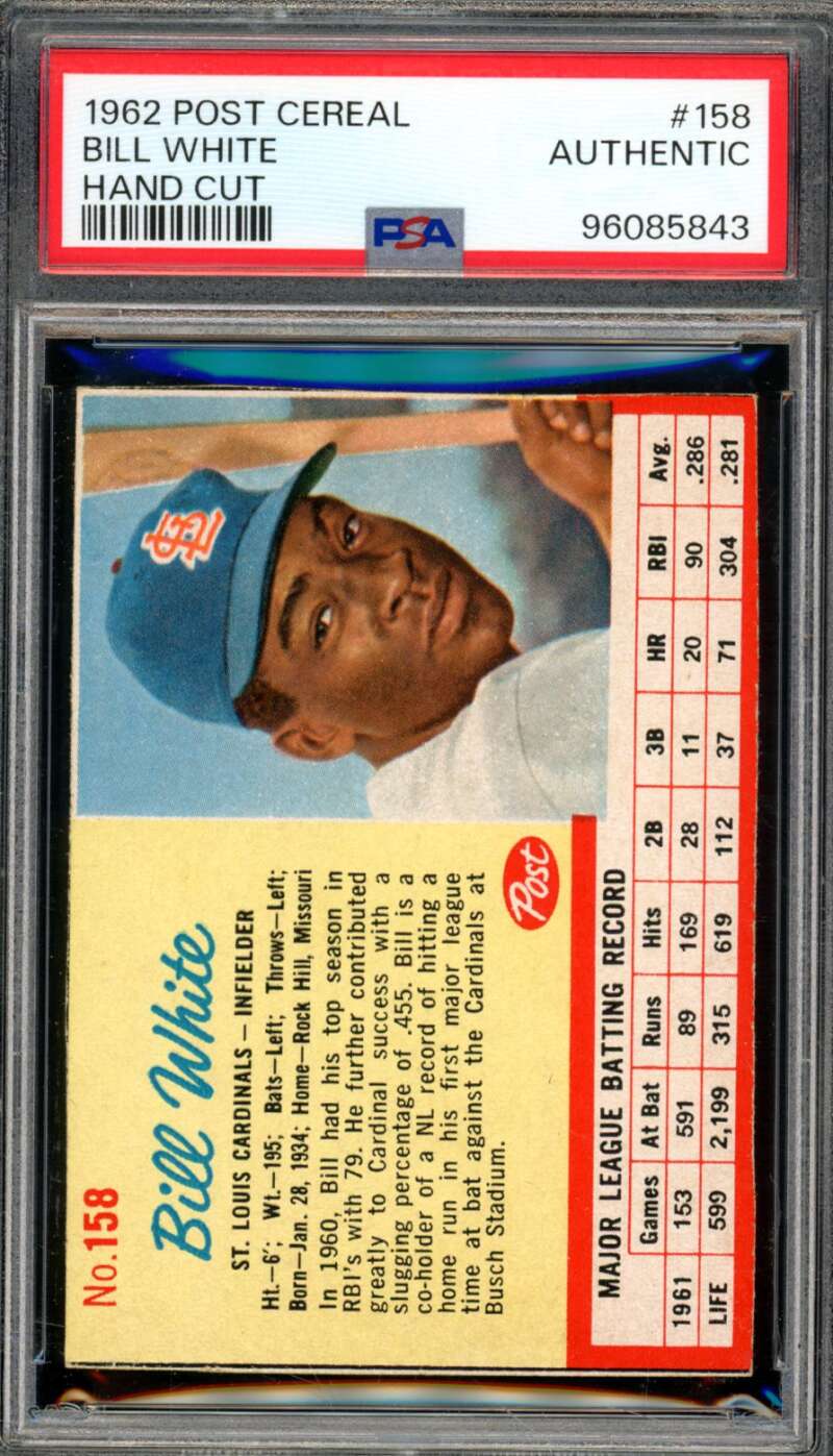 Bill White Card 1962 Post Ceral #150 PSA Authentic Image 1