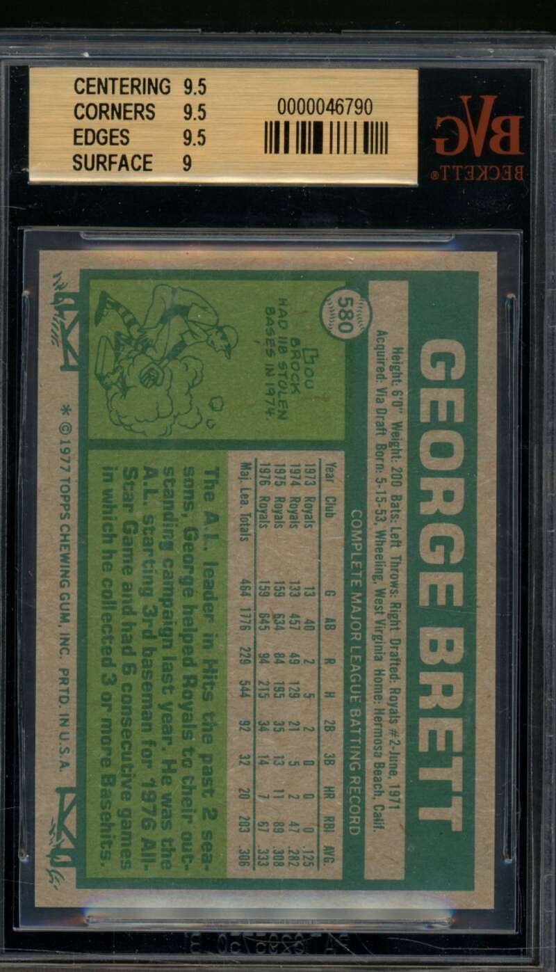 George Brett Card 1977 Topps #580 (pop 2) BGS BVG 9.5 Image 2