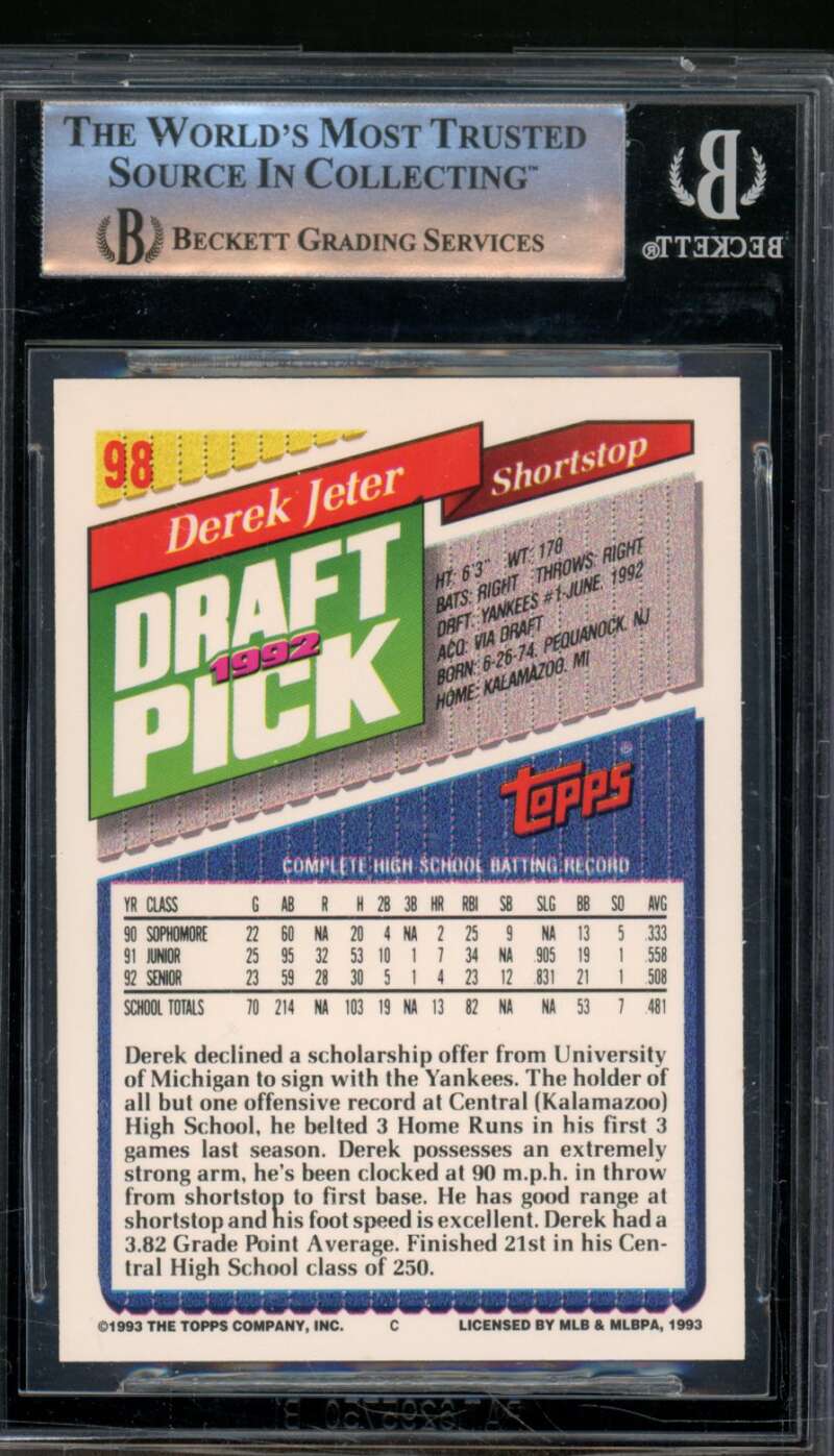 Derek Jeter Rookie Card 1993 Topps #98 BGS 9 Image 2