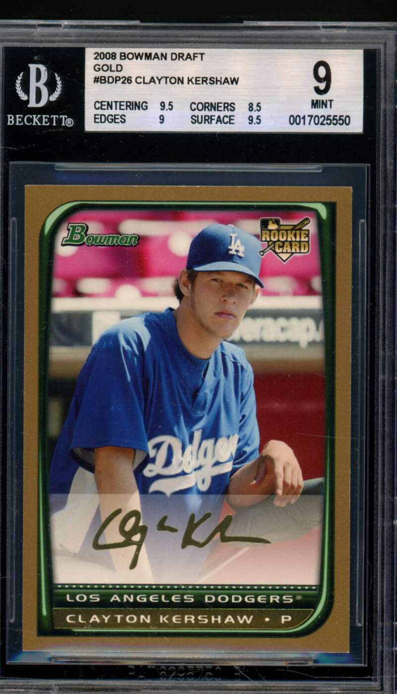 Clayton Kershaw Rookie Card 2008 Bowman Draft Gold #BDP26 BGS 9 Image 1